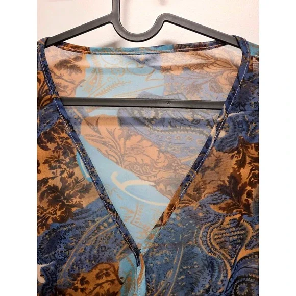 Vintage Blue Brown Paisley Sheer Mesh Tie Front V-Neck Long Sleeve Fairy Boho - Picture 8 of 9